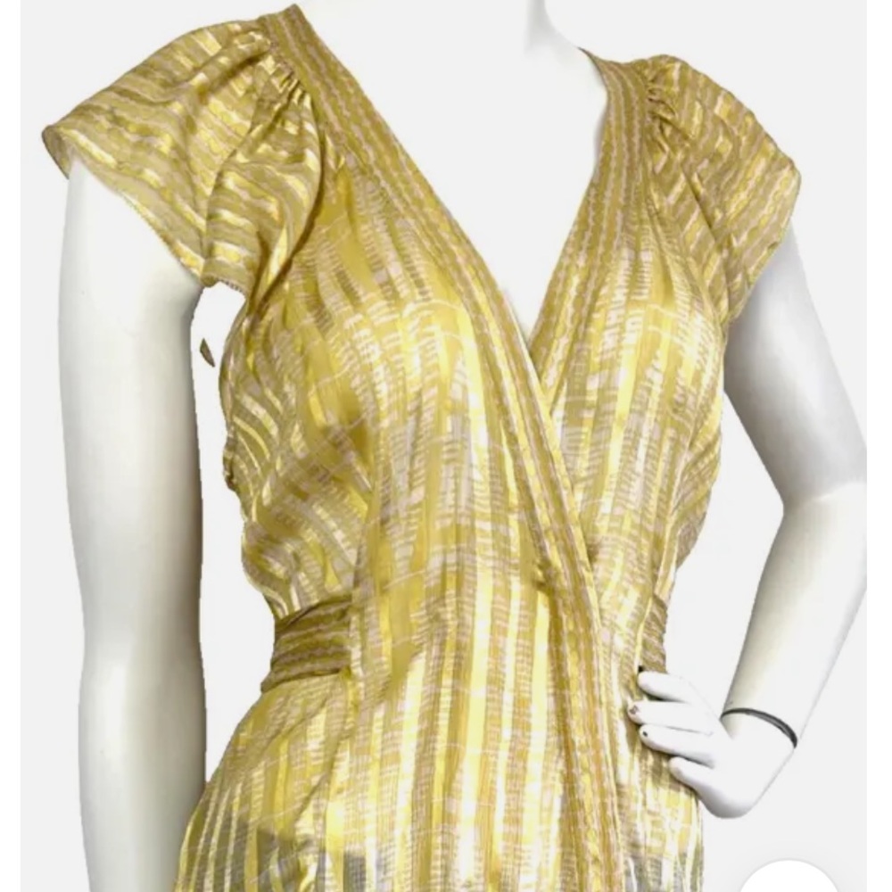 BCBGMaxazria Silk Blouse Wrap Flutter Sleeve Shadow Stripe Snap Front Yellow Top